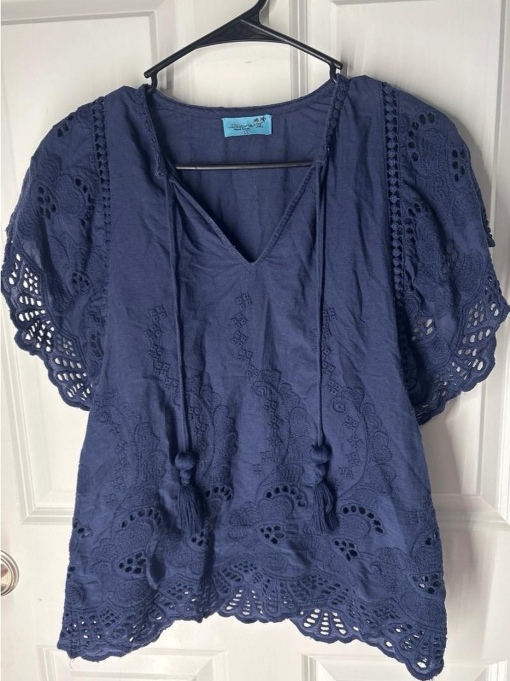Letarte Navy Eyelet Embroidered Peasant Top with Tassel Tie